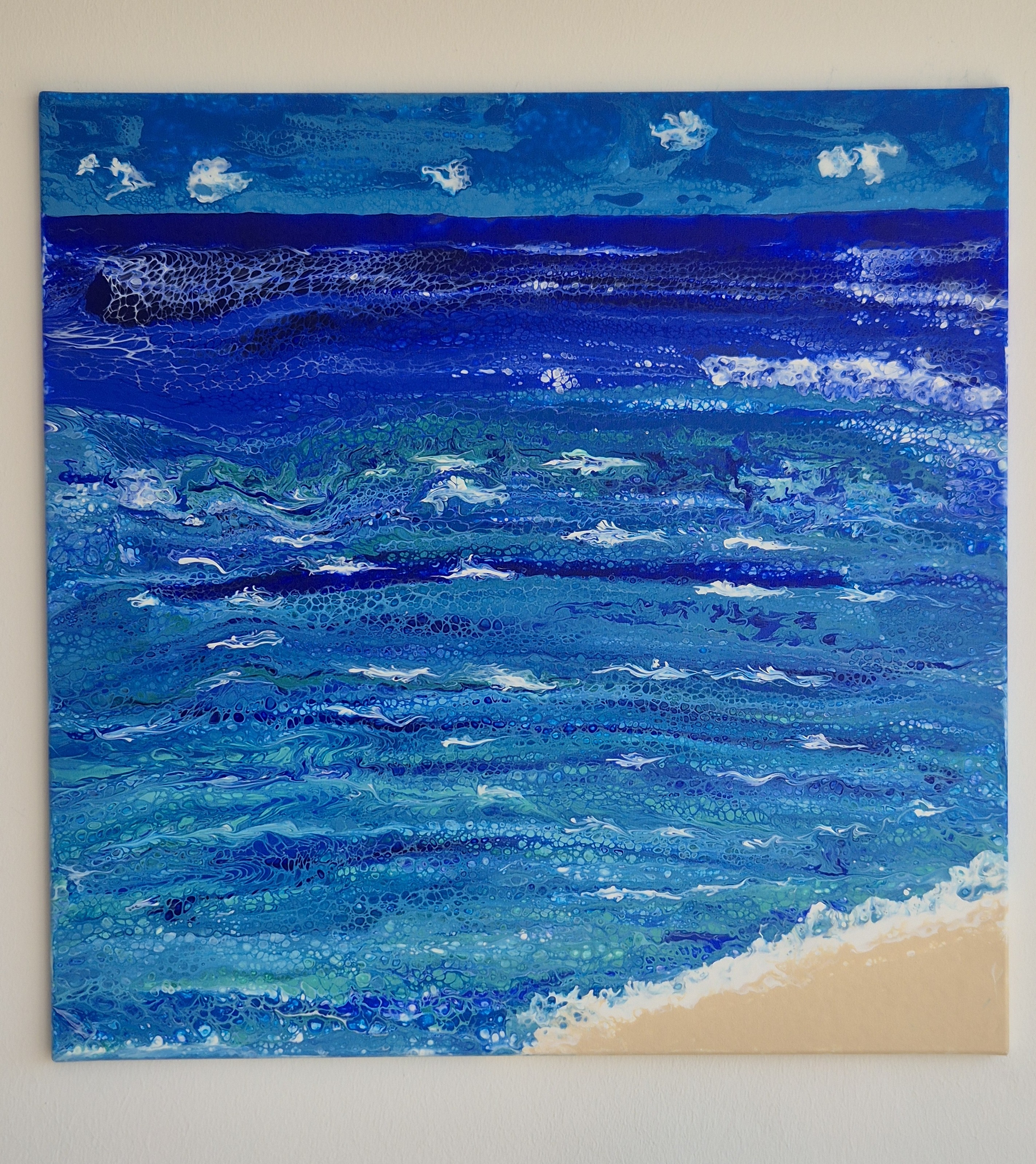 Original abstraktes Acrylbild "Mein eigener Strand" - Fluid Art auf Leinwand (80x80 cm) – Bild 4
