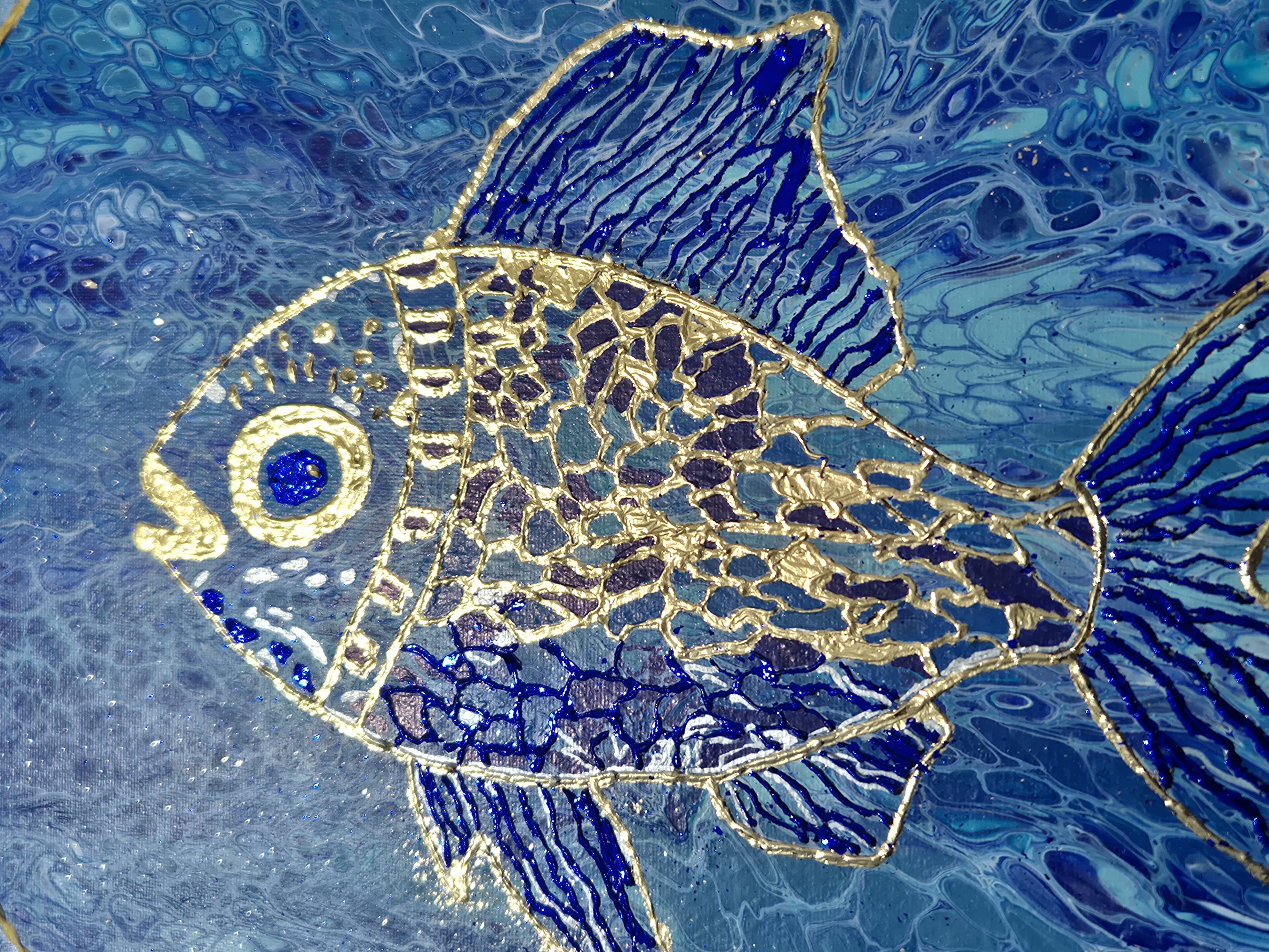Original abstraktes Acrylbild "Fish Zoom" - Fluid Art auf Leinwand (60 x 50cm) – Bild 5