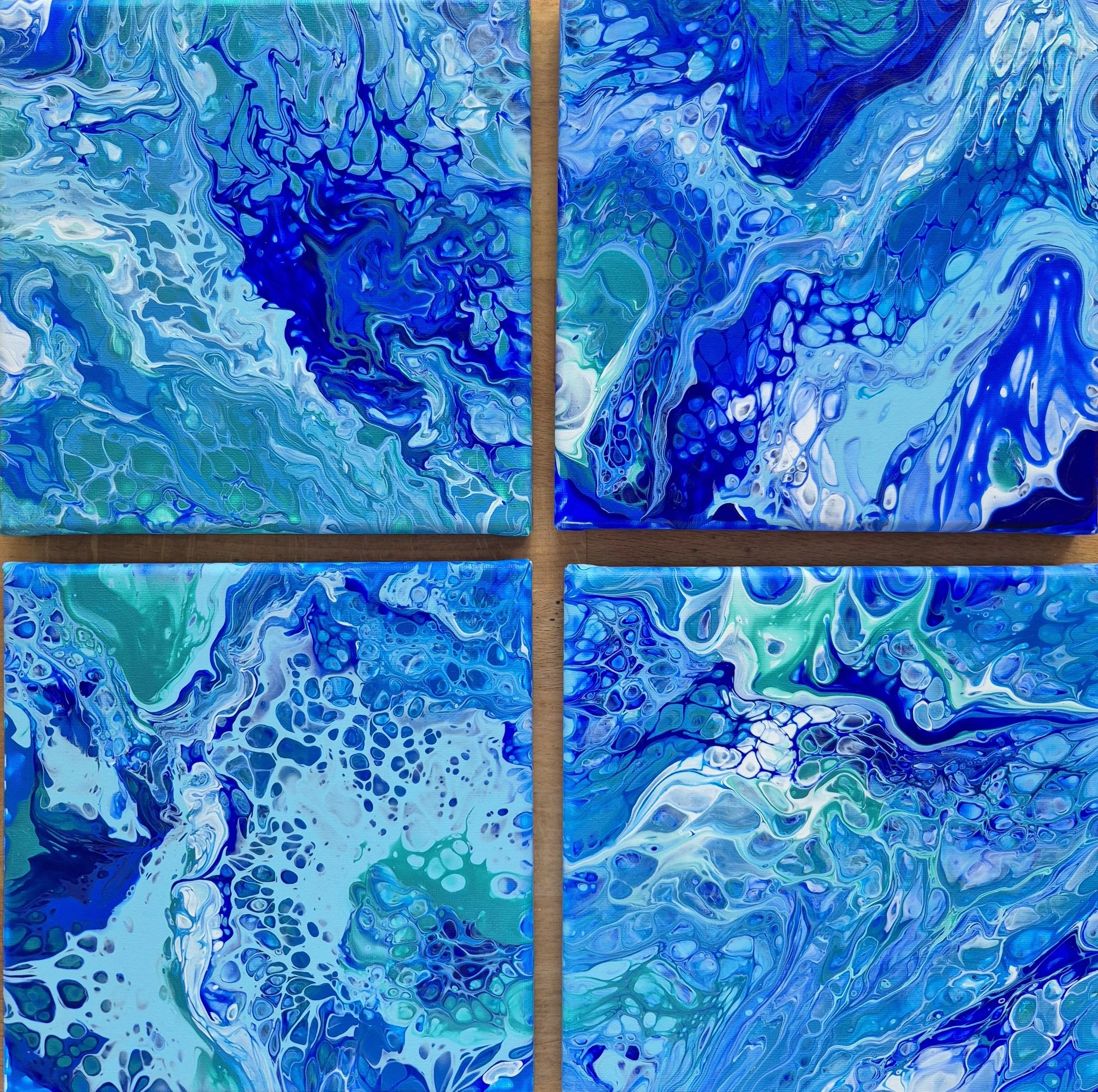 Original abstraktes Acrylbilder "Water Quartet" - Fluid Art auf Leinwand (je 20 x 20cm) – Bild 2