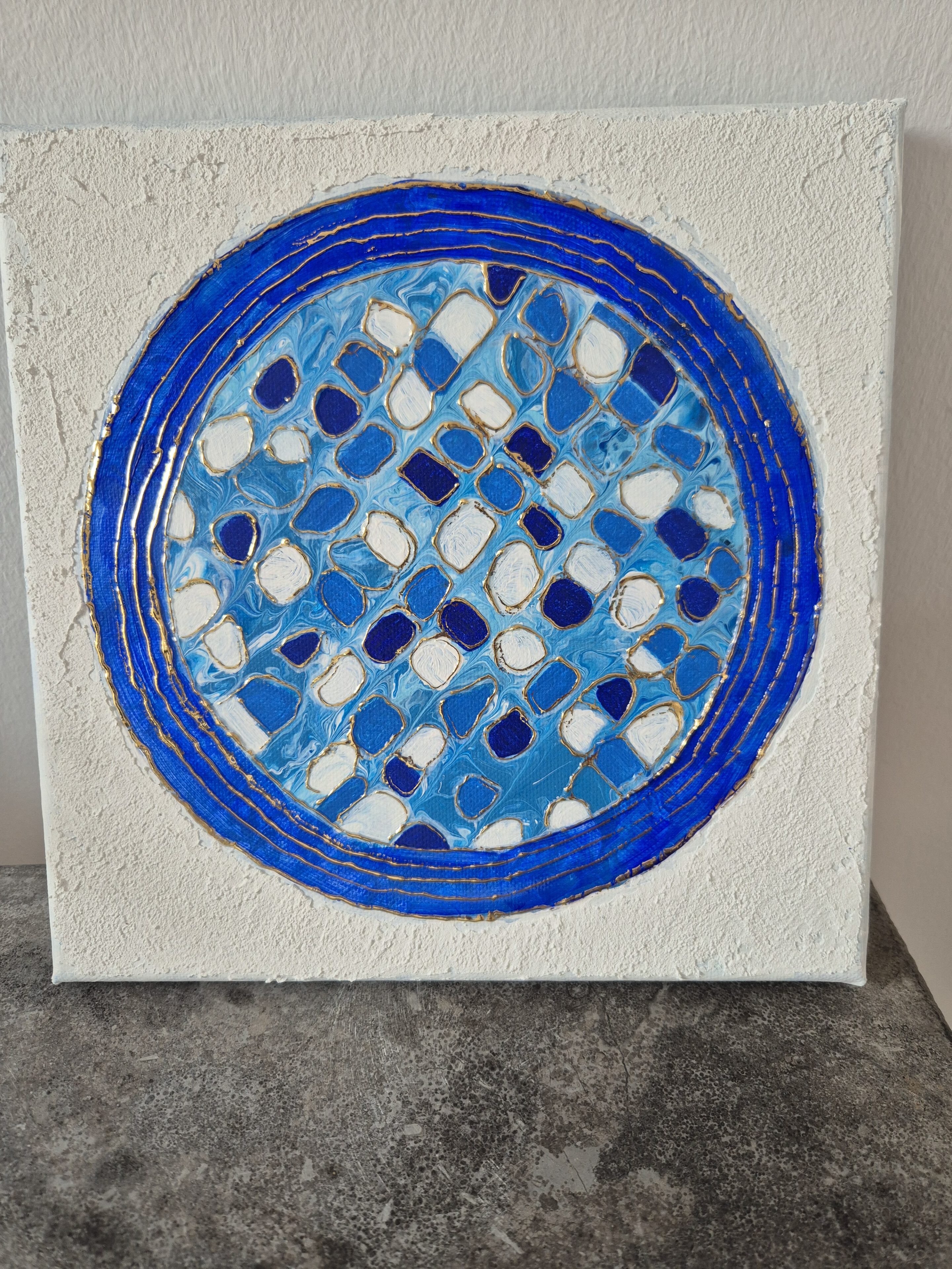 Original abstraktes Acrylbild "Porzellankachel" - Fluid Art auf Leinwand (25 x 25cm) – Bild 5