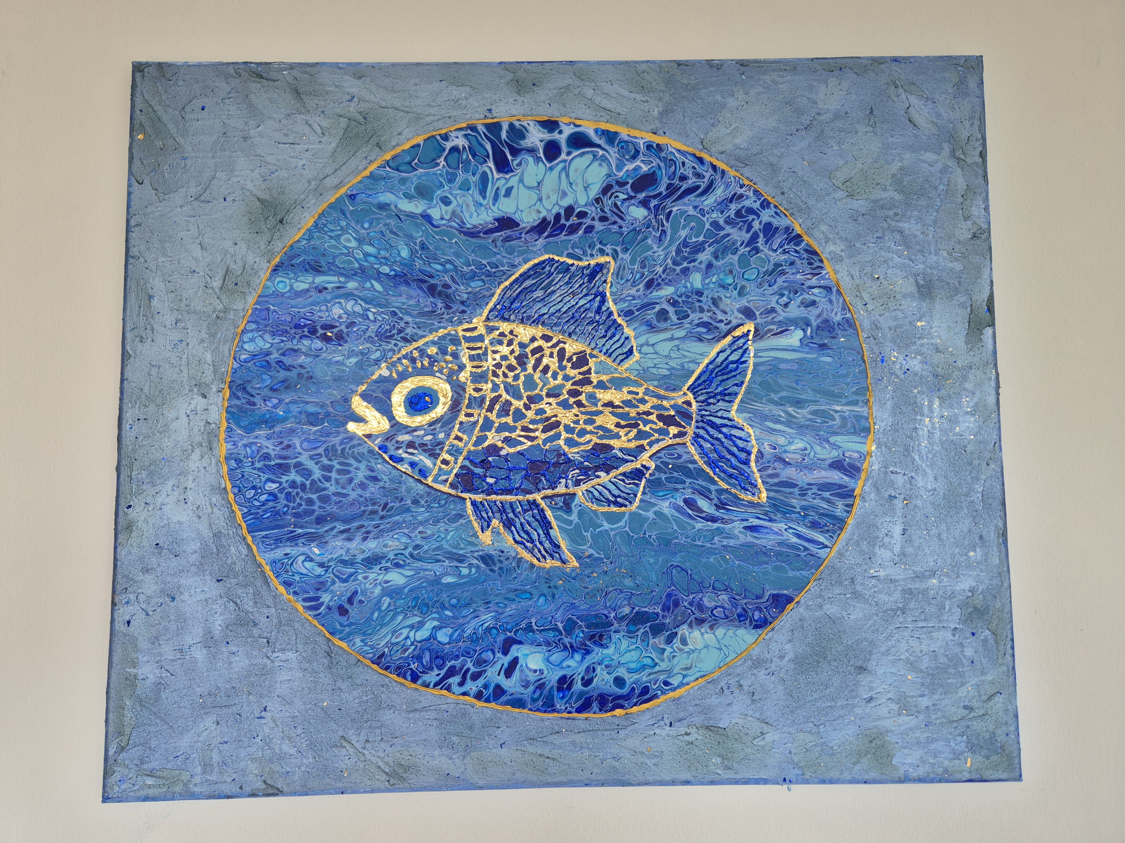 Original abstraktes Acrylbild "Fish Zoom" - Fluid Art auf Leinwand (60 x 50cm) – Bild 2