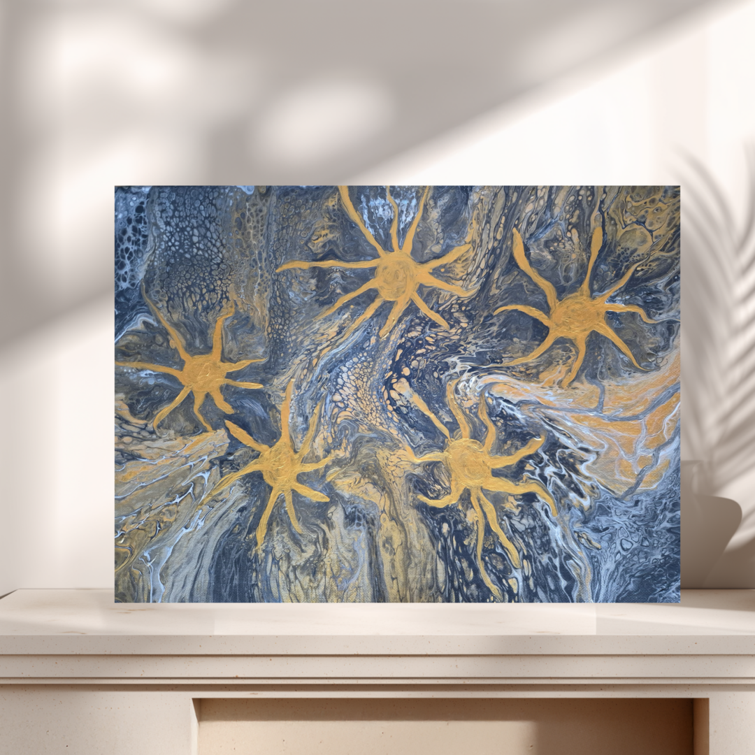 Original abstraktes Acrylbild "Fünf Sonnen" - Fluid Art auf Leinwand (40 x 30cm)