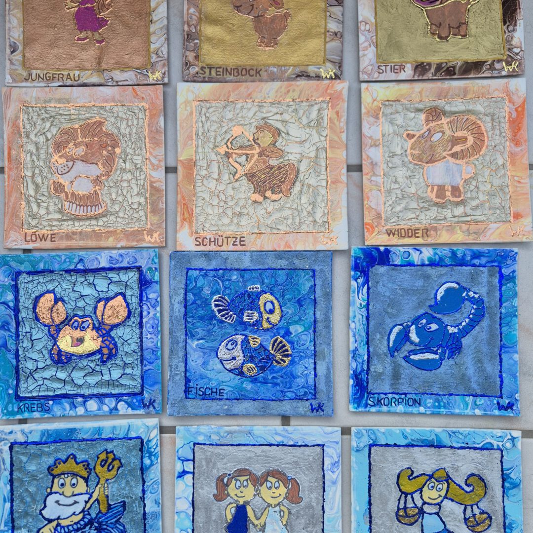 Original abstrakte Acrylbilder "12 Sternzeichen-Kacheln" - Fluid Art auf Leinwand (12 St&uuml;ck, je 20 x 20 cm)