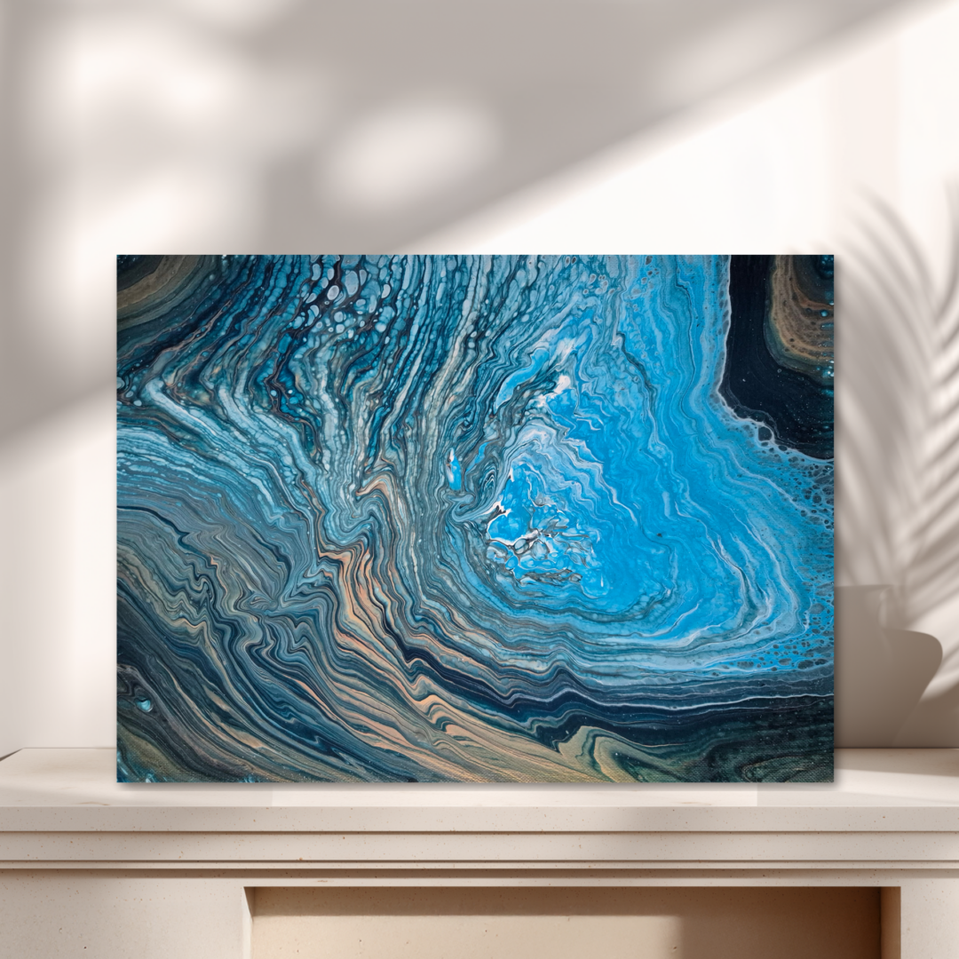 Original abstraktes Acrylbild "Blaue Höhle" - Fluid Art auf Leinwand (40 x 30 cm)