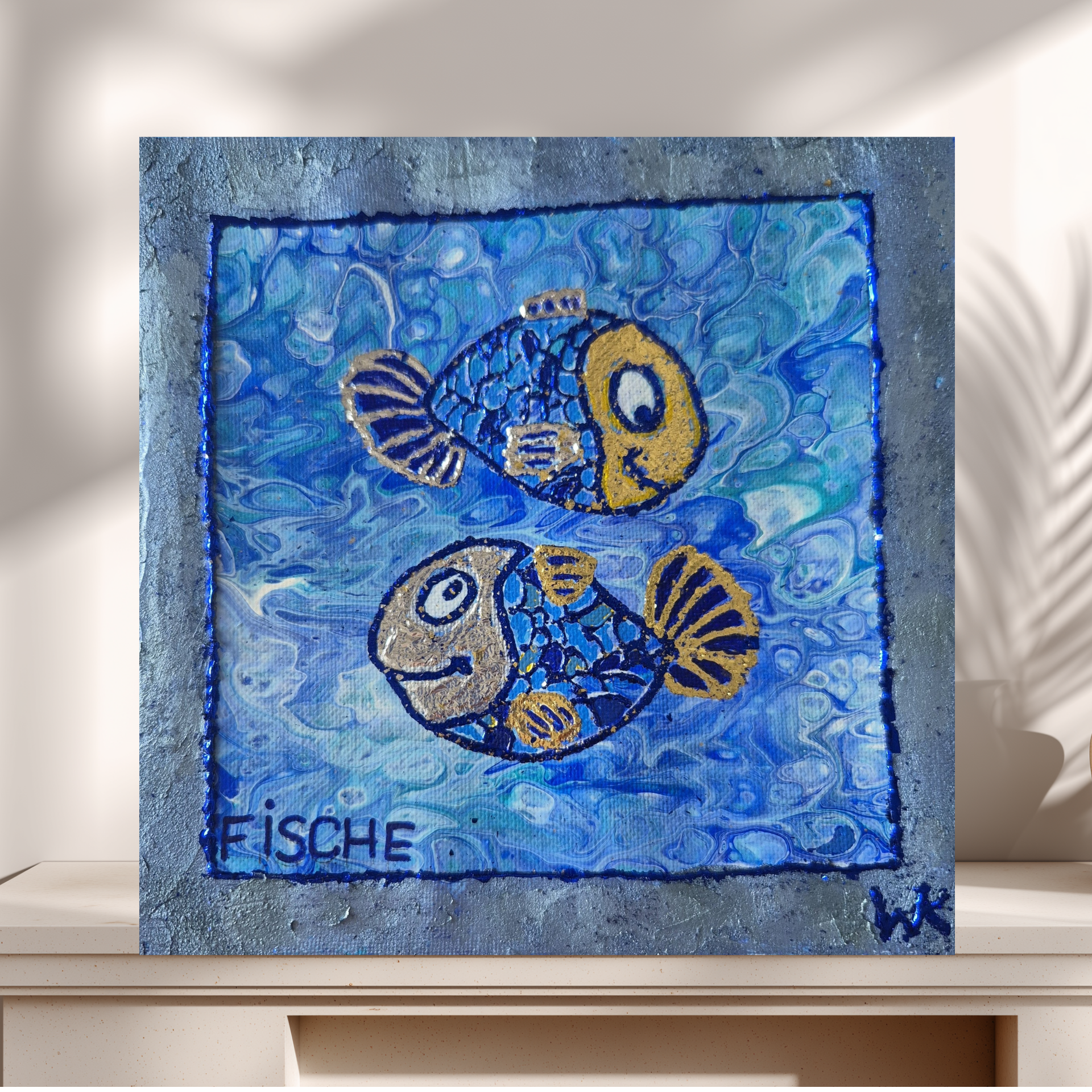 Original abstrakte Acrylbilder "12 Sternzeichen-Kacheln" - Fluid Art auf Leinwand (12 Stück, je 20 x 20 cm) – Bild 2