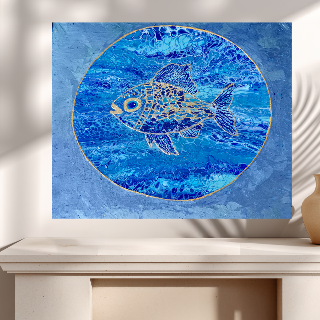 Original abstraktes Acrylbild "Fish Zoom" - Fluid Art auf Leinwand (60 x 50cm)