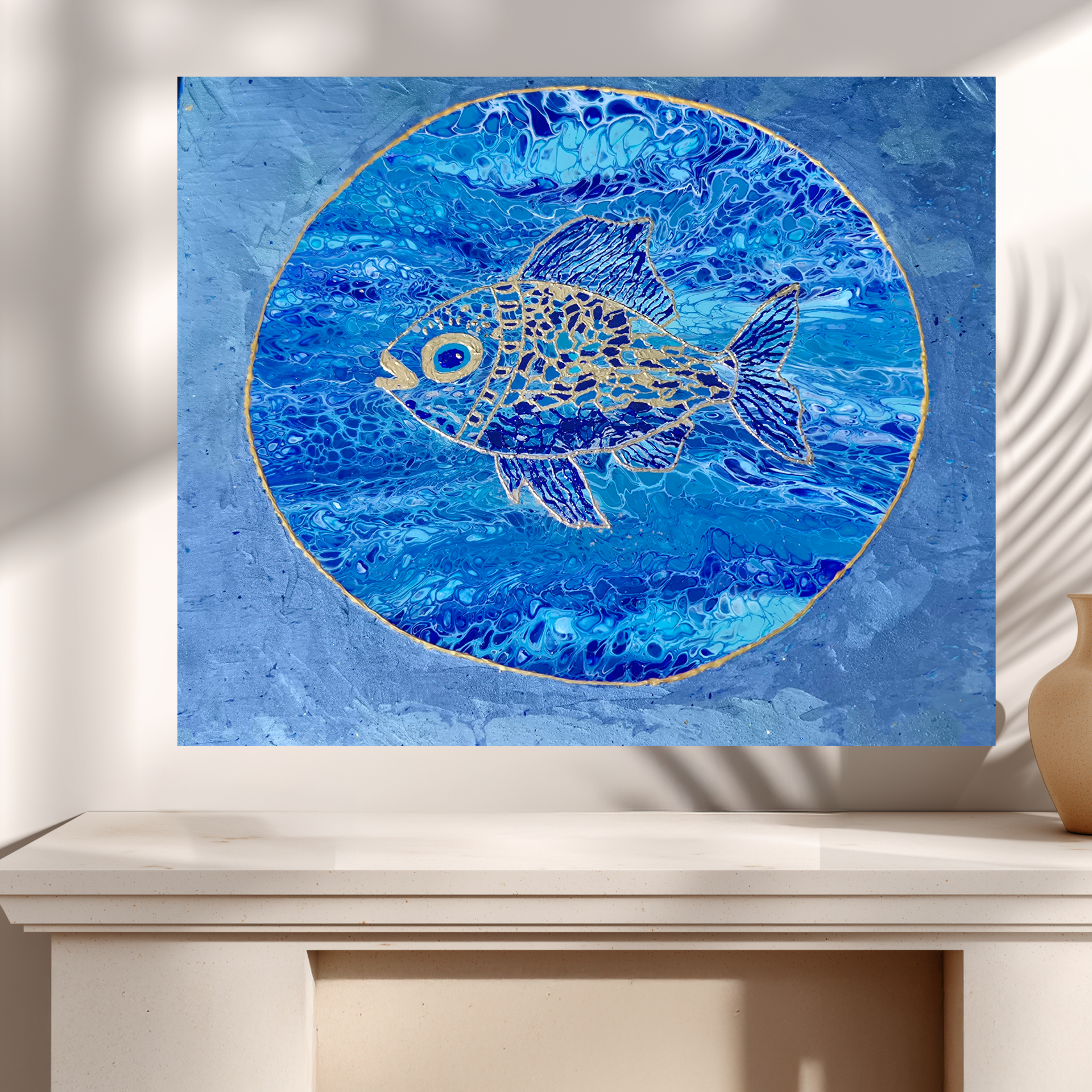 Original abstraktes Acrylbild "Fish Zoom" - Fluid Art auf Leinwand (60 x 50cm)