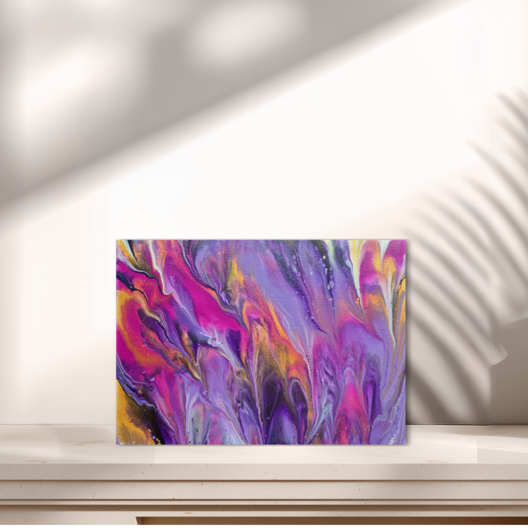 Original abstraktes Acrylbild "Flieder-Magenta-Gold-Flash" - Fluid Art auf Leinwand (20 x 15cm)