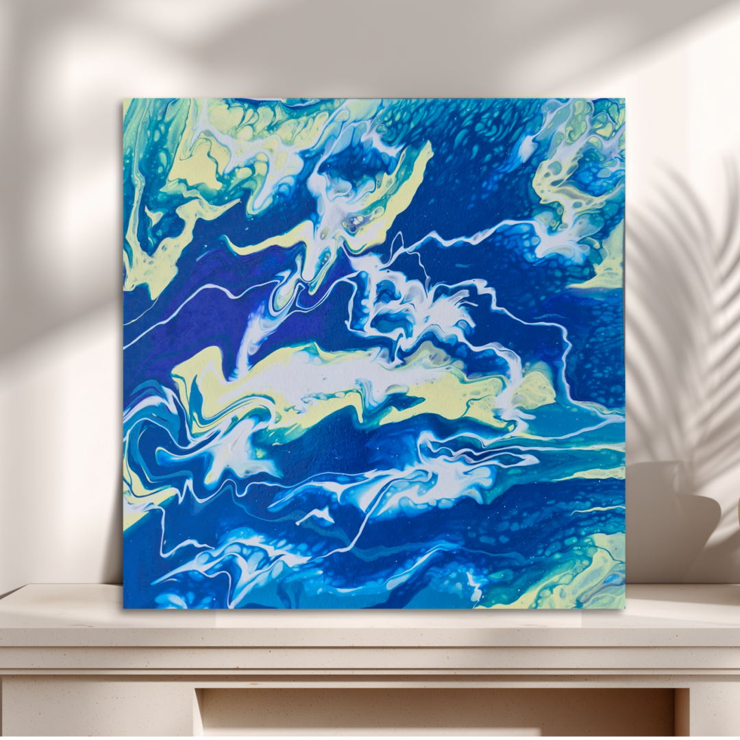 Original abstraktes Acrylbild "Gelb-blaues Potpourri" - Fluid Art auf Leinwand (25 x 25 cm)