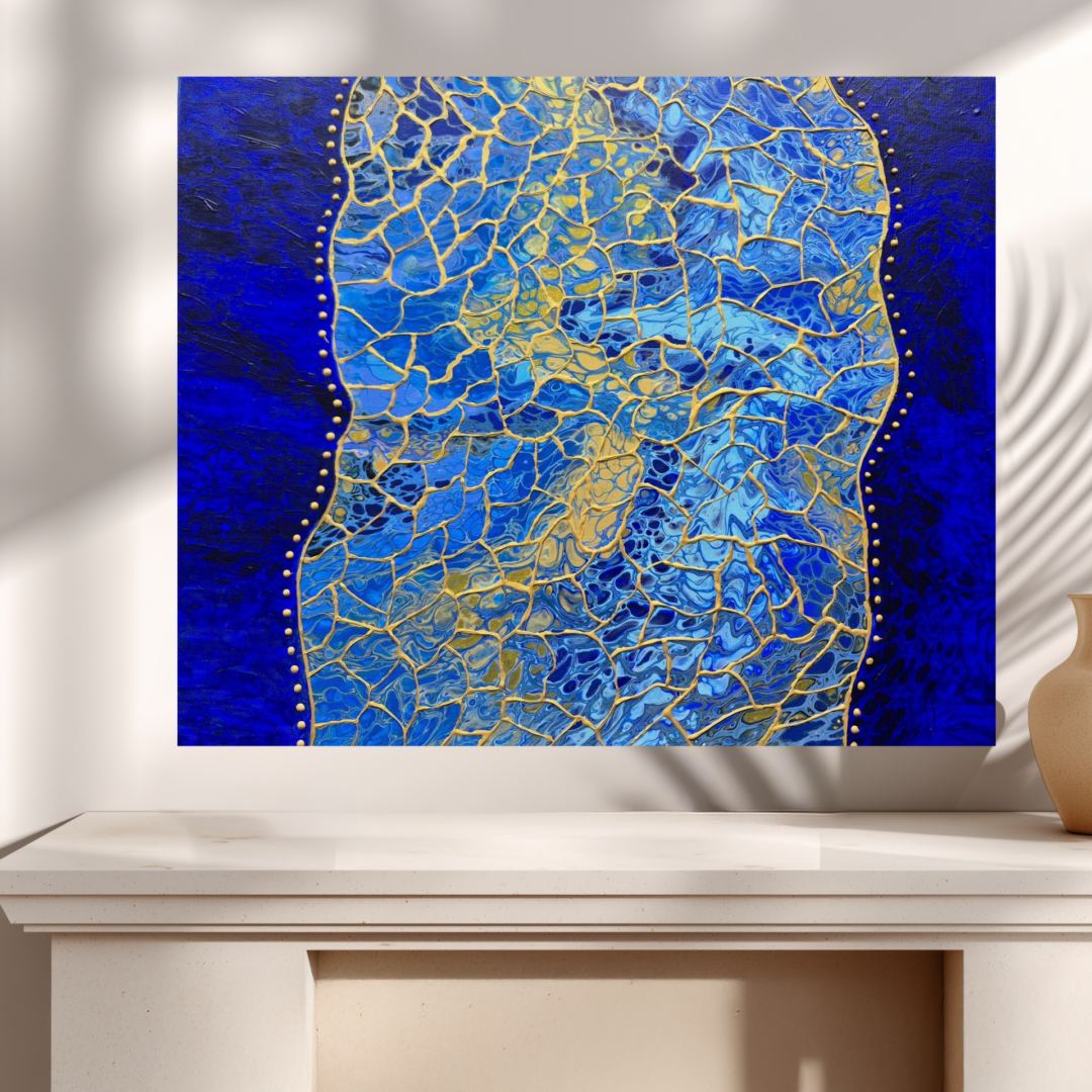 Original abstraktes Acrylbild "Golden Window" - Fluid Art auf Leinwand (60 x 50cm)