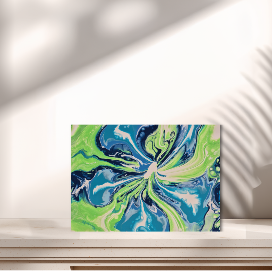 Original abstraktes Acrylbild "Grünblaue Blüte" - Fluid Art auf Leinwand (18 x 12cm)