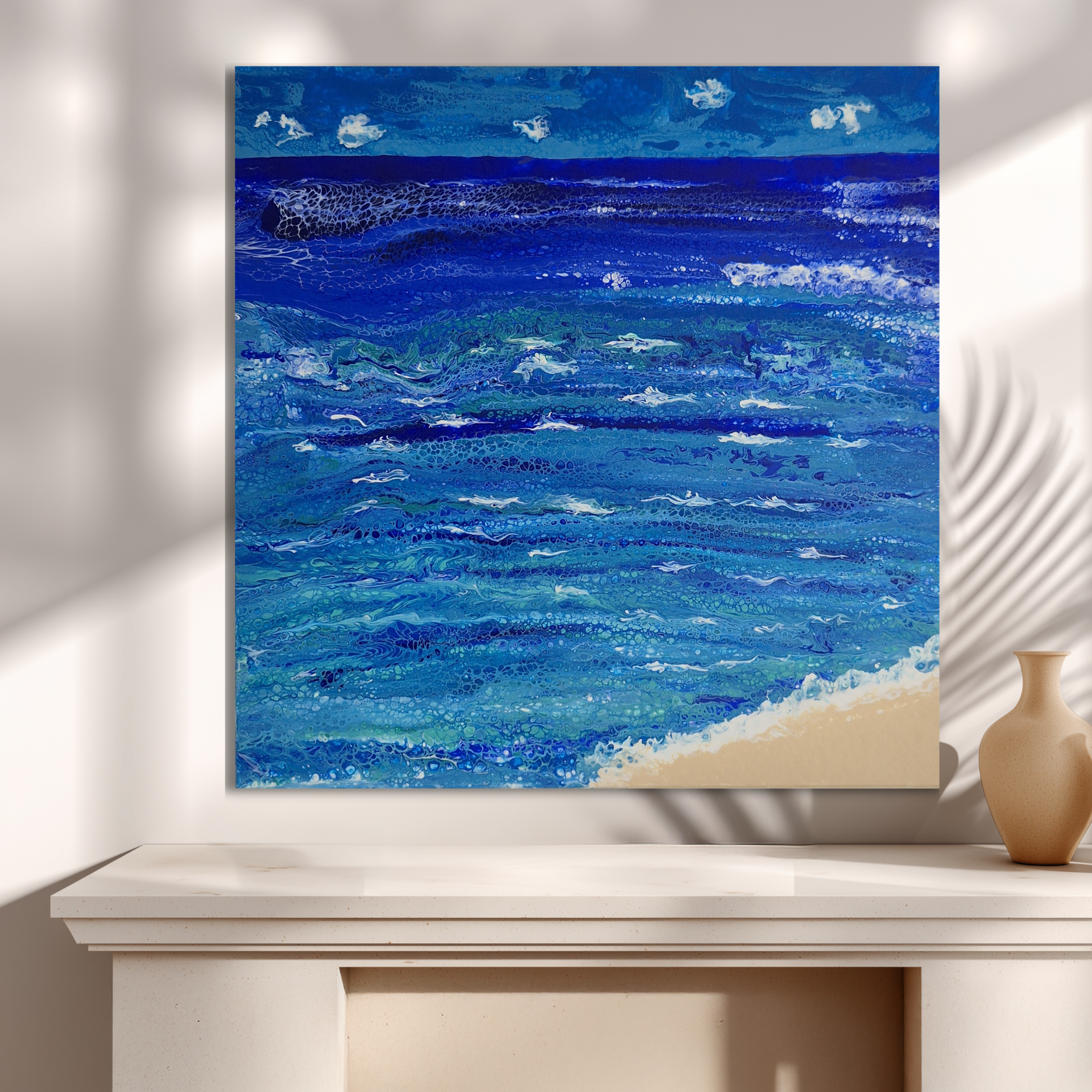 Original abstraktes Acrylbild "Mein eigener Strand" - Fluid Art auf Leinwand (80x80 cm)