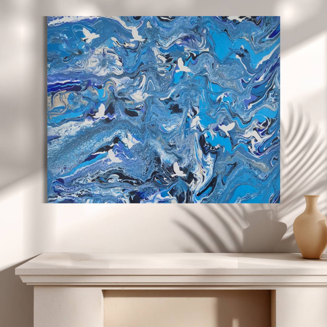 Original abstraktes Acrylbild "Möwen am Meer" - Fluid Art auf Leinwand (80 x 80cm)